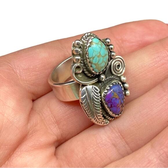 Purple Copper Turquoise Ring Solid 925 Sterling Silver Adjustable 6.5 7 7.5 8 - Picture 11 of 11